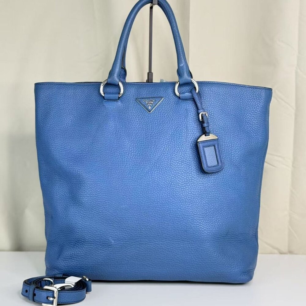 Prada Blue Leathe Convertible Shopper Tote